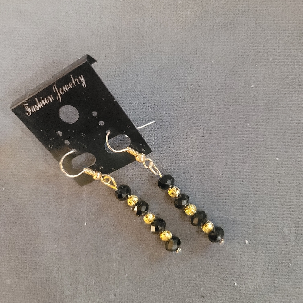 EBONY BLACK AUSTRIAN SWAROVS GOLD DISCO BALL ACCENT DROPDANGLE  PIERCED EARRINGS - Picture 5 of 5